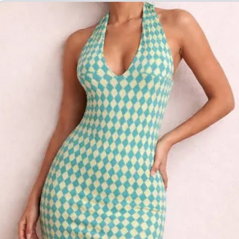 Princess Polly Blue and Cream Halter Dress